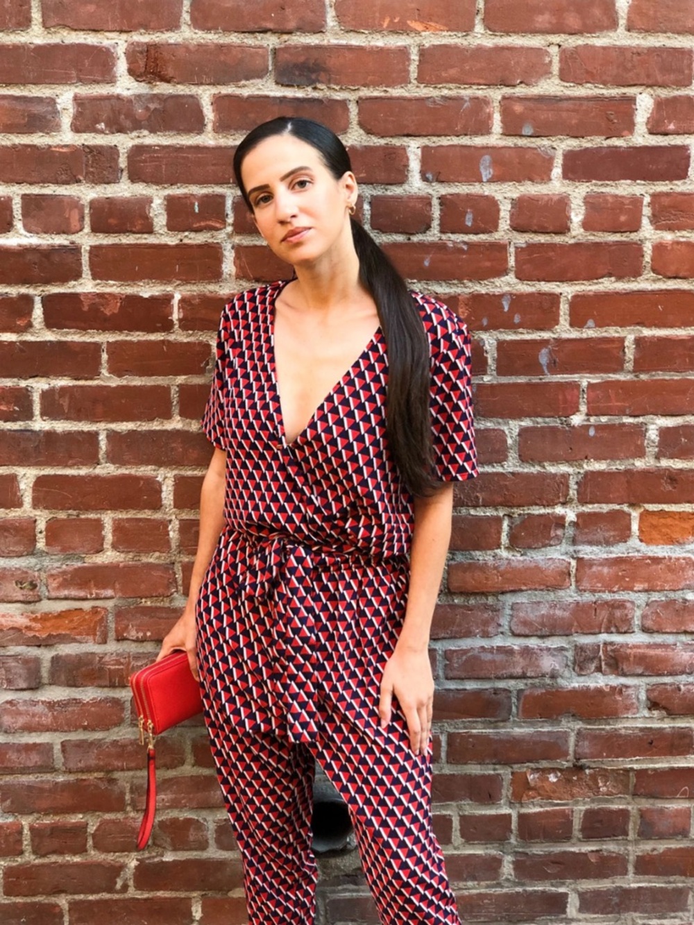 Noisy May Geometric Red and Navy Mock Wrap Jumpsuit